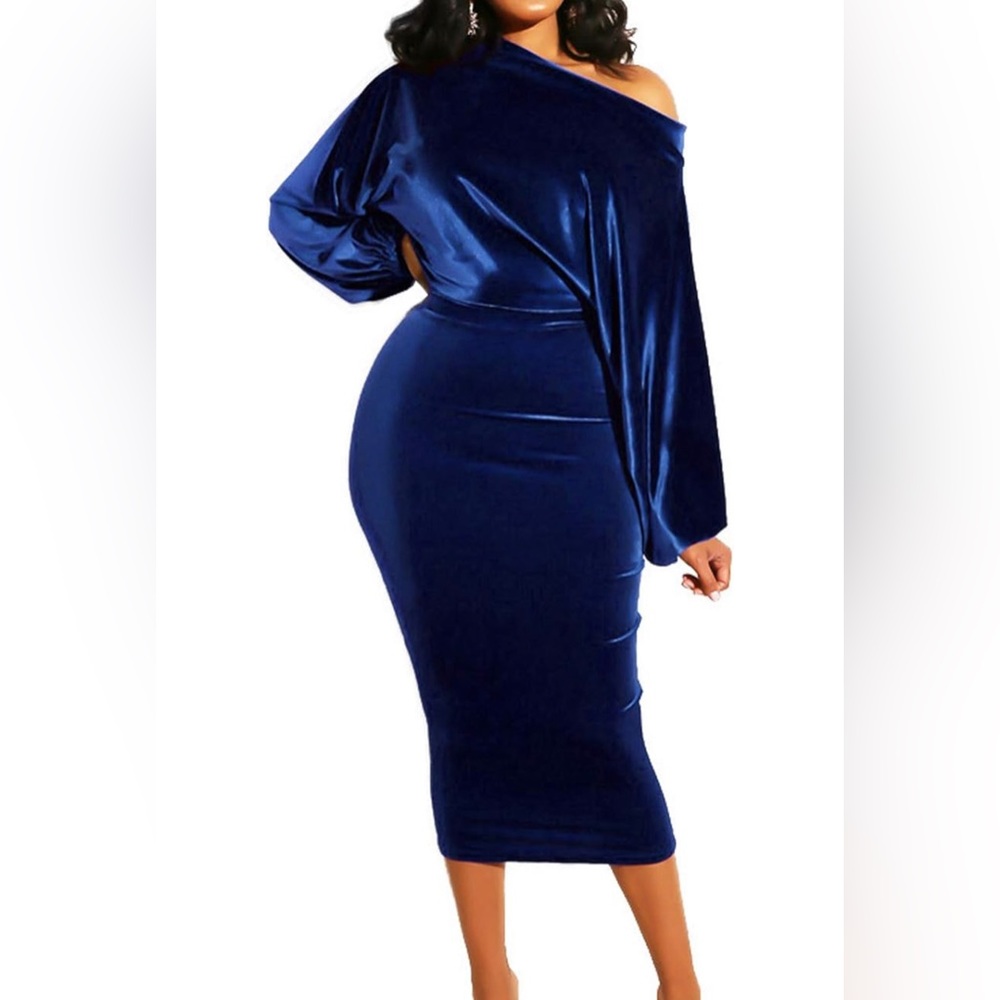 Sapphire Velvet Off Shoulder Batwing Long Sleeve Midi Pencil Bodycon Dress S